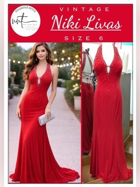 Vintage Niki Livas Red Rhinestone Halter Prom Evening Gown Open Back  Size 6